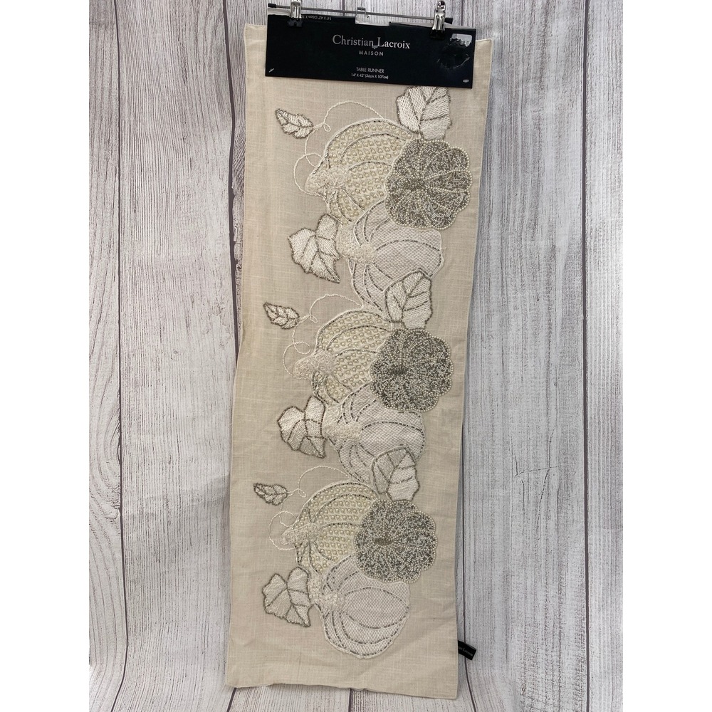 Christian Lacroix Table Runner 14x42 Beige Beaded Pumpkin Embroidery Autumn Fall